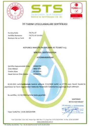 STS İyi Tarım Uygulamaları Sertifikası Koyuncu Seracılık